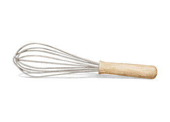 Cartoon cute cooking  culinary metal whisk with whisking rods and wooden handle isolated on white background. Watercolor and pencil hand drawn illustration sketch