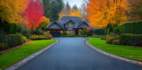 Freshly paved asphalt driveway curving through scenic residential area with vibrant autumn trees
