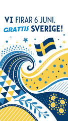 Stylized abstract artwork celebrating Sweden’s National Day with blue and yellow shapes and Swedish flag on white background.