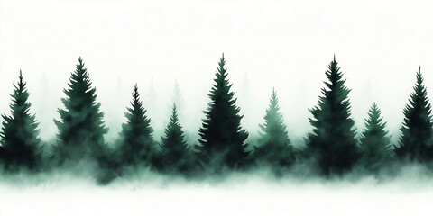 Watercolor forest scene showing trees in misty green landscape