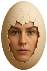 Face emerging from cracked eggshell, transparent background png