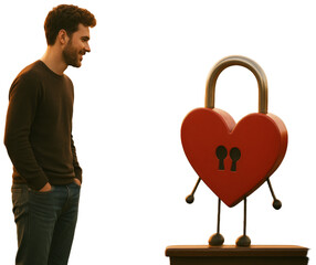 Heart-shaped padlock awaits near railroad tracks, transparent background png
