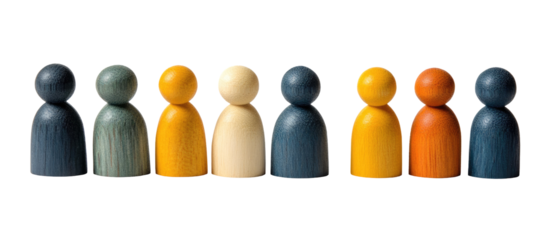 A row of colorful wooden figurines isolated on transparent background