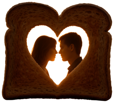 Sunset Silhouette Couple Heart Shaped Bread Frame, transparent background png