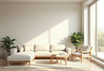Fototapeta premium bright minimalist interior design showcasing natural light elegant decoration simple furniture warm ambiance, contemporary, space, textures, style, comfort