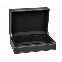 Elegant leather gift box for jewelry, black with gold trim, open showing velvet interior, pure white background.