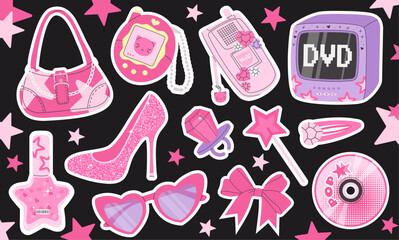 Aesthetic Y2K sticker set with pink girly elements: flip phone, TV, high heel, CD, sunglasses, and accessories. Trendy retro 2000s design perfect for fashion, nostalgia, and pop culture.
