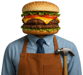 Worker wearing apron with hamburger head and hammer, transparent background png