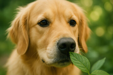 Dog holding leaf in mouth.