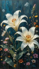 Blooming White Lilies with Wildflowers Against Blue Backdrop