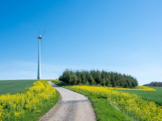 countryside landscape in luxemburg with wind turbine under blue sky in spring