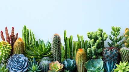 Diverse collection of vibrant cacti and succulents arranged in a lush display.