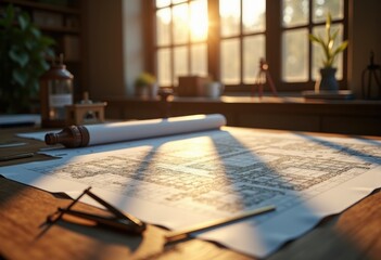 detailed blueprints reveal architectural plans drafting table surrounded precision tools instruments, architecture, compass, ruler, pencil, protractor