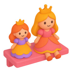Royal pink princess dolls celebrate joy colorful shelf playful scene, Isometric 3D, Transparent Background