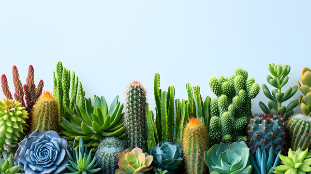 Diverse collection of vibrant cacti and succulents arranged in a lush display.