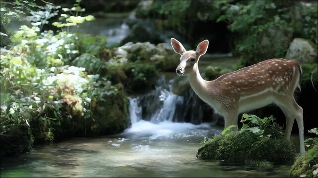 Spotted deer drinking fresh water in a pristine stream, surrounded by lush green foliage, with cascading waterfalls and mossy rocks in nature.