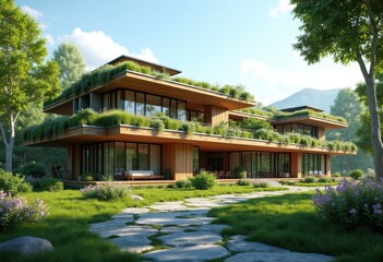 Obraz premium eco friendly green building materials surrounded vibrant nature backdrops sustainable architecture organic design, construction, environment, wood, stone