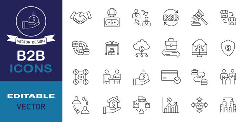 B2B icon set. Business, commerce, trade, company, vendor, manufacturer, enterprise, partnership, purchase order services and more linear illustration. Solid vector, icons collection.