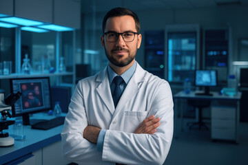 Obraz premium Man in lab coat and glasses.