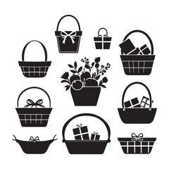 set of black Gift Baskets vector silhouettes isolated on white background 