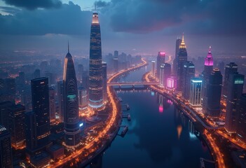 Fototapeta premium glowing cityscape architectural wonders dusk skyline illumination urban landscape night view, building, window, light, skyscraper, neon, asphalt, reflection