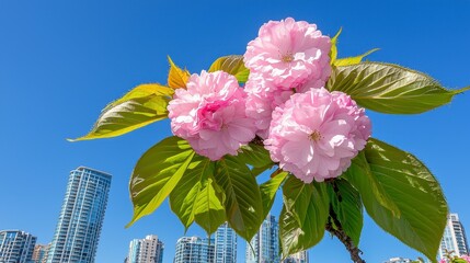 Pink Cherry Blossoms Against City Skyline