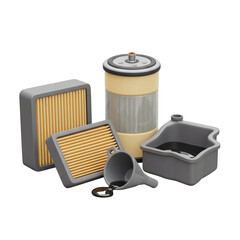 3D Illustration Car Maintenance Parts Arranged on Isolated Background for Automobile Service Concept