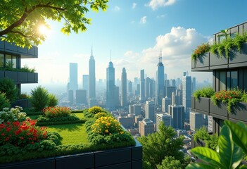 Fototapeta premium lush green rooftops vibrant urban skyline contrast blossoming nature above cityscape, greenery, vegetation, landscape, architecture, garden, plants, view