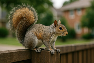 Squirrel standing on wooden fence.
