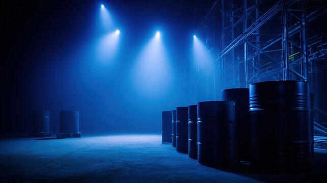 Dramatic lighting illuminates black barrels in an industrial setting, creating a moody atmosphere