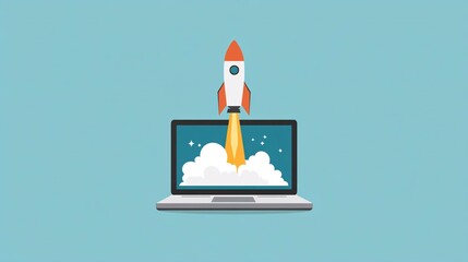 minimal illustration of a rocket launching from a laptop representing science, technology, digital innovation, and futuristic growth on a clean background