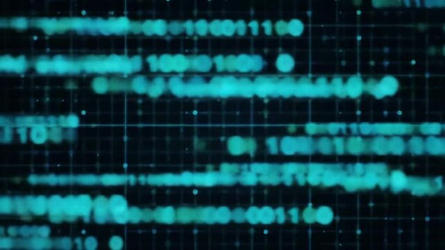 Binary Code Stream: Abstract Data Flowing on Grid Background in Teal and Black