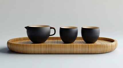 black traditional asian tea cup placed on a bamboo wooden tray, capturing cultural elegance