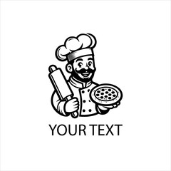 Cartoon Style Vector Logo of a Happy Chef Holding a Large Pizza Isolated on White Background