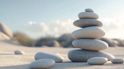 serene stack of small round white rocks placed on sandy ground in a peaceful natural setting, symbolizing balance, harmony, and relaxation in a minimalist zen concept