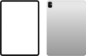 Vector mockup of a modern silver tablet shown from back and front angles. Ideal for showcasing apps, UI/UX design, and responsive digital product concepts.