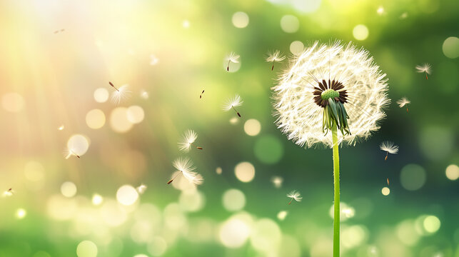 Close-up of floating pollen grains in sunlight with blurred green meadow background, high pollen count season allergy concept, nature and health.
