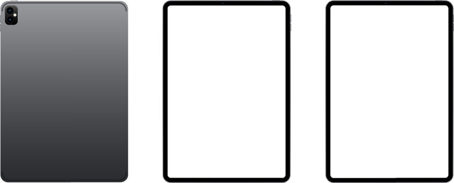 Vector illustration of a modern tablet device in three views: back side and two front variants. Perfect for UI design, digital content mockups, and product presentations.