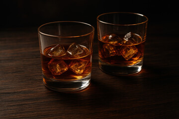 glasses of whiskey on a wooden table.