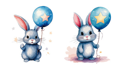 Bunny holding a balloon - vector watercolor illustrations for Babyshower for boy, for birthday