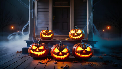 Fototapeta premium Spooky Halloween Night Jack-o'-lanterns on Porch, Mystical Fog and Cobwebs