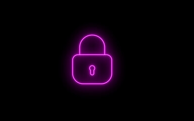 Neon Lock sign icon illustration security padlock. Security Lock Icon Flat Graphic Design. Neon purple color Lock sign icon on black background.