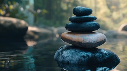 stack of small round rocks balanced carefully in nature, representing harmony, tranquility, and peaceful moments in a calming outdoor setting