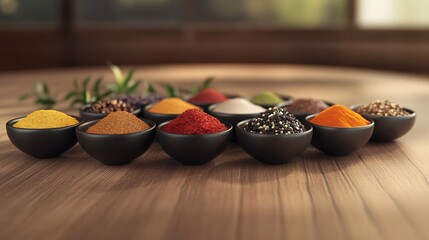 collection of colorful spices arranged in small bowls on wooden table, perfect for culinary use