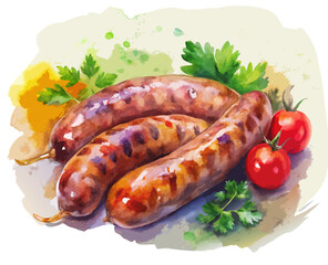 Watercolor Style Illustration of Grilled Sausages with Tomatoes and Parsley

