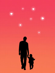 Fototapeta premium Father and child silhouette walking together with heart shapes background