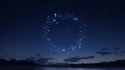 Night Sky with Clock Design Created by Stars in Cosmic Landscape Over Water Reflection at Twilight, Emphasizing Time and Nature's Beauty in a Serene Atmosphere