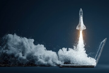 Rocket emerging from a laptop symbolizing innovation and technology