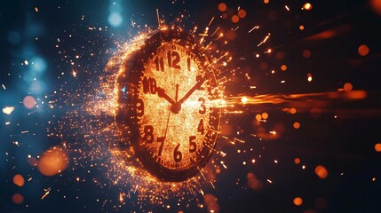 Stunning Artistic Clock Representation with Explosive Sparks and Glowing Lights, Capturing the Essence of Time and Movement in a Dynamic Visual Composition