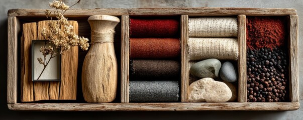 Interior mood board with fabrics, materials, and minimalistic decorative elements